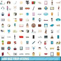 100 biz reis iconen set, cartoon stijl vector