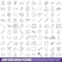 100 kinderachtige iconen set, Kaderstijl vector