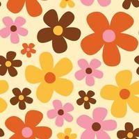 schattig vector naadloos patroon met roze, oranje en bruine madeliefjebloemen. retro achtergrond in de stijl van 1970. groovy decoratief hippie vintage bloemenbehang.