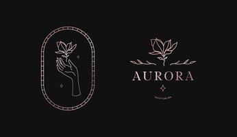 vrouwelijke hand met magnolia bloem op een donkere achtergrond, sjabloon logo vectorillustratie in lijn kunststijl. vector