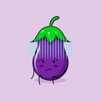 schattig auberginekarakter met hopeloze uitdrukking en ga zitten. groen en paars. geschikt voor emoticon, logo, mascotte en icoon vector