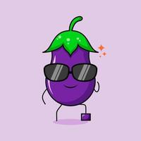 schattig auberginekarakter met glimlachuitdrukking, zwarte bril, één been omhoog en één hand met een bril. groen en paars. geschikt voor emoticon, logo, mascotte of sticker vector