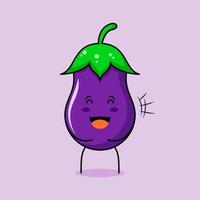 schattig auberginekarakter met glimlach en gelukkige uitdrukking, sluit de ogen en open mond. groen en paars. geschikt voor emoticon, logo, mascotte en icoon vector