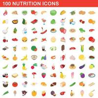 100 voeding iconen set, isometrische 3D-stijl vector