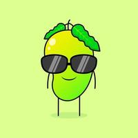 schattig mangokarakter met glimlachuitdrukking en zwarte bril. groen en oranje. geschikt voor emoticon, logo, mascotte of sticker vector