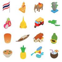 Thailand iconen set, isometrische 3D-stijl vector