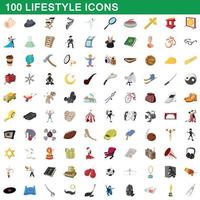 100 levensstijl iconen set, cartoon stijl vector