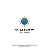 zonne-energie logo ontwerp op geïsoleerde achtergrond, zonnestraal combineren met zonnepaneel logo concept vector