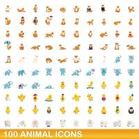 100 dieren iconen set, cartoon stijl vector