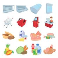 supermarkt iconen set, cartoon stijl vector