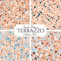 terrazzo gebroken tegel vloer naadloze structuurpatroon, vector abstracte achtergrond met chaotische mozaïek stukken, samengesteld uit natuursteen, marmer, glas en beton imitaties.