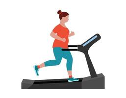 mollige vrouw die op de loopband loopt om af te vallen. overgewicht meisje joggen op fitnessapparatuur. uithoudingsvermogen cardio-run training. platte vectorillustratie vector