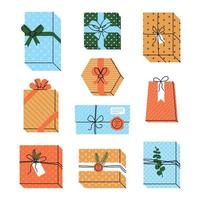 set van geschenken en cadeautjes op kerstmis of feestdagen. vector