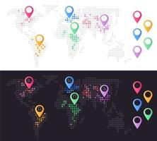 wereldkaart met locatie pinnen licht en donker thema infographic grafiek ontwerpelement set. abstracte vectorsymbolen voor infochart met lege exemplaarruimten. bewerkbare educatieve grafische kit vector