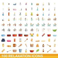 100 ontspanning iconen set, cartoon stijl vector