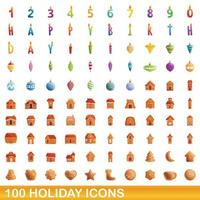 100 vakantie iconen set, cartoon stijl vector