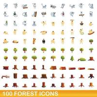 100 bos iconen set, cartoon stijl vector