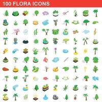 100 flora iconen set, isometrische 3D-stijl vector