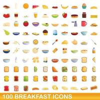 100 ontbijt iconen set, cartoon stijl vector