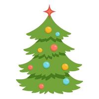 mooie kerstboom met rode ster en ballen geïsoleerd op een witte achtergrond. platte vectorillustratie vector