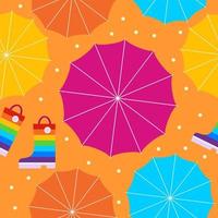 rubberen laarzen en paraplu bij regenachtig weer plas regendruppels naadloos patroon vector