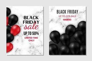 brochure ingesteld voor black friday-verkoop. glanzende zwarte en rode ballonnen op marmeren achtergrond. vectorontwerpsjabloon. vector