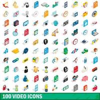 100 video iconen set, isometrische 3D-stijl vector