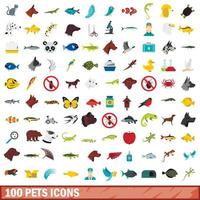 100 huisdieren iconen set, vlakke stijl vector