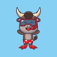 schattige duikende stier cartoon mascotte karakter illustratie vector