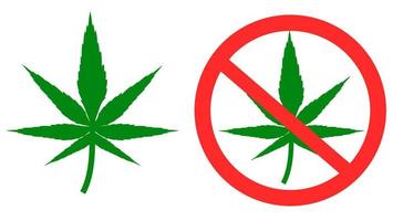 groene cannabis bladeren. medische marihuana. geen drug. niet roken. stop marihuana teken geïsoleerd op een witte background.restricted areas.vector illustration.sign, symbool, pictogram of logo geïsoleerd. plat ontwerp. vector