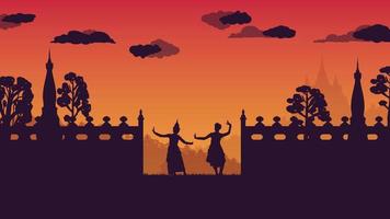 silhouet van traditionele Thaise dans en muur oude tempel op gradiëntachtergrond vector