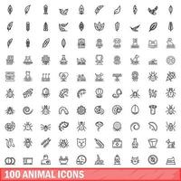 100 dieren iconen set, Kaderstijl vector