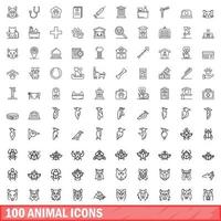 100 dieren iconen set, Kaderstijl vector