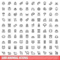 100 dieren iconen set, Kaderstijl vector