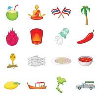 Thailand symbolen iconen set, cartoon stijl vector