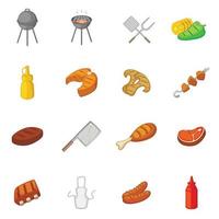 barbecue iconen set, cartoon stijl vector