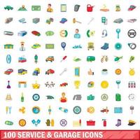 100 service en garage iconen set, cartoon stijl vector