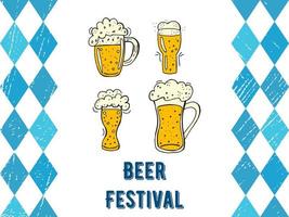 oktoberfest 2022 - bierfestival. handgetekende set doodle elementen. Duitse traditionele vakantie. gekleurde glazen bierpullen met letters en blauwe ruiten op een witte achtergrond. vector