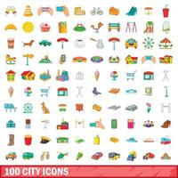 100 stad iconen set, cartoon stijl vector