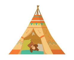 wigwam met kussens en teddybeer in platte vectorillustratie. kinderkamer interieurelement. geïsoleerd op wit. vector