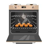 geopende oven met vers gebakken taarten op de pan. thuis bakkerij. geïsoleerd op wit. cartoon vectorillustratie. vector