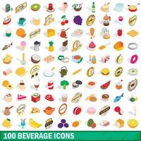 100 drank iconen set, isometrische 3D-stijl vector