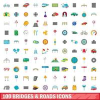 100 bruggen en wegen iconen set, cartoon stijl vector
