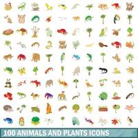 100 dieren en planten iconen set, cartoon stijl vector