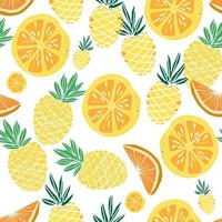 schattig zomer naadloos patroon. vers fruit, ananas, sinaasappels, citrus. kleurrijke heldere vectorillustratie. vector