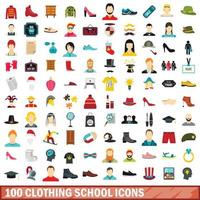 100 kleding school iconen set, vlakke stijl vector