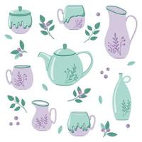 keramisch keukengerei. porseleinen theeservies. traditionele servies vector geïsoleerde pictogrammen instellen. hand getekend kleurrijke trendy vectorillustraties.