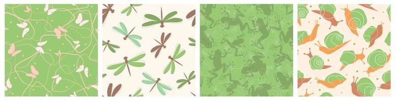 een set van naadloos patroon met zomerdieren. print met slakken, kikkers, insecten, vlinders, libellen. vectorafbeeldingen.