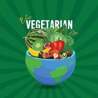 wereld vegetarische dag posters, banners en reclameontwerp. voedseldag typografie belettering met de kaart van de wereld en een verscheidenheid aan plantaardige artikelen op geïsoleerde achtergrond. 3D-vectorillustratie. vector