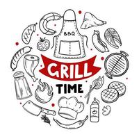 grill tijd handgetekende menu-items van restaurant bar café vectorillustratie van barbecue eten doodles vector